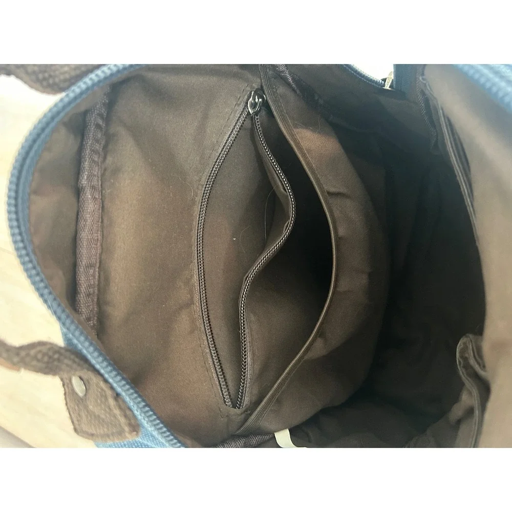 Washed Blue Canvas Sling Backpack One Strap Crossbody Bag Brown Trim Messenger